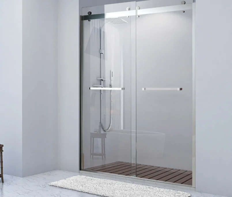 Frameless glass shower with stainless steel hardware