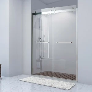 Frameless glass shower with stainless steel hardware